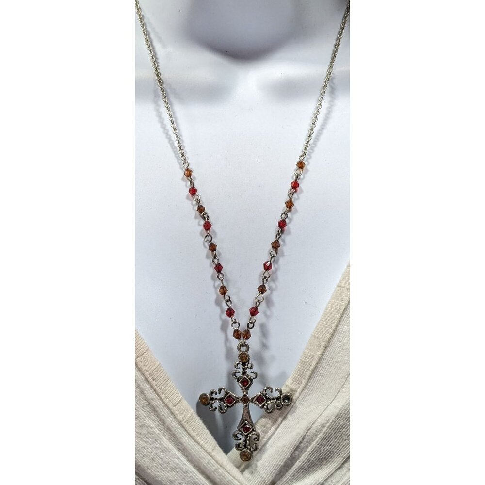Gothic Medieval Red And Yellow Beaded Silver Tone Cross Necklace - Picture 2 of 6